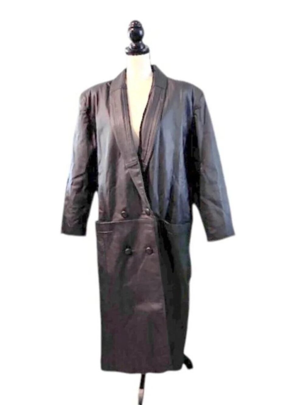 Women's Black Leather Double Breasted Maxi Coat